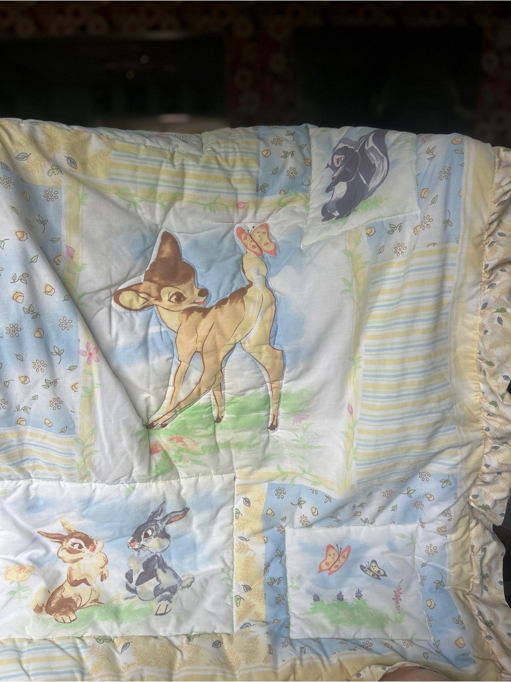 Retro Disney Bambi Patchwork Baby Quilt - Blue, Yellow, Cream